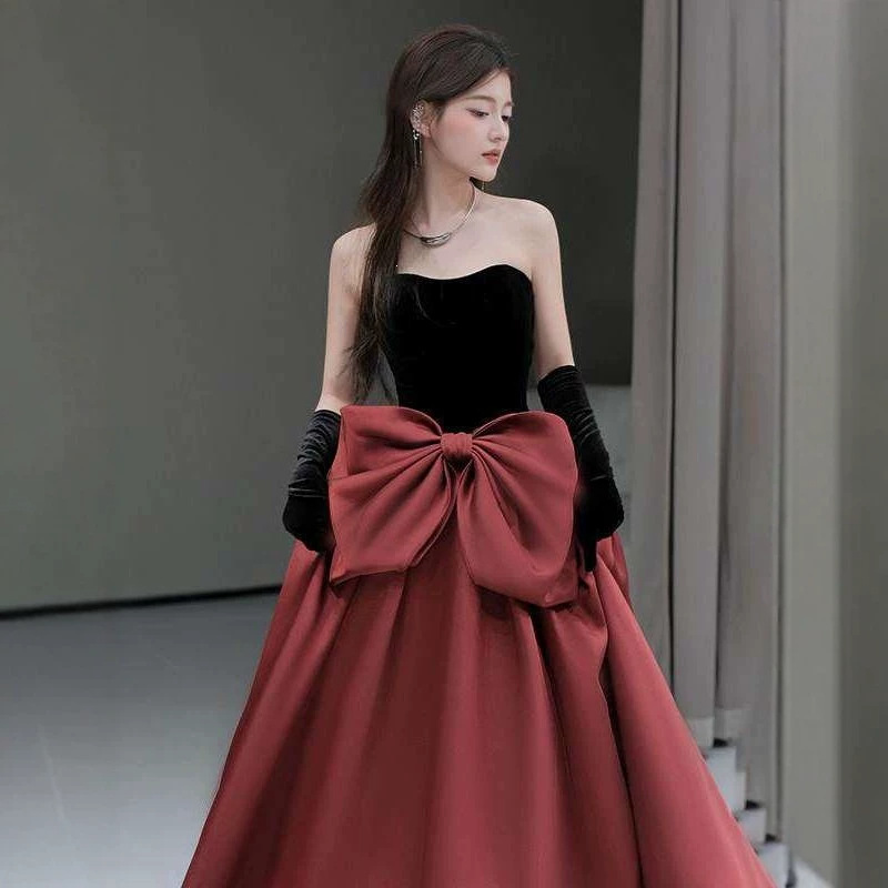 Đầm dạ hội ôm body nữ cổ yếm phong cách Pháp — Đỏ rượu, Hồng
