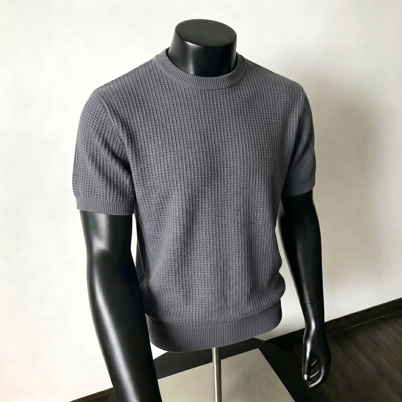 Old Money Style Knitted Short Sleeve Men's Summer T-Shirt with Small Collar, Waffle Pattern, American Retro Boxy Half Sleeve Old Money Style Knitted Short Sleeve Men's Summer T-Shirt with Small Collar, Waffle Pattern, American Retro Boxy Half Sleeve