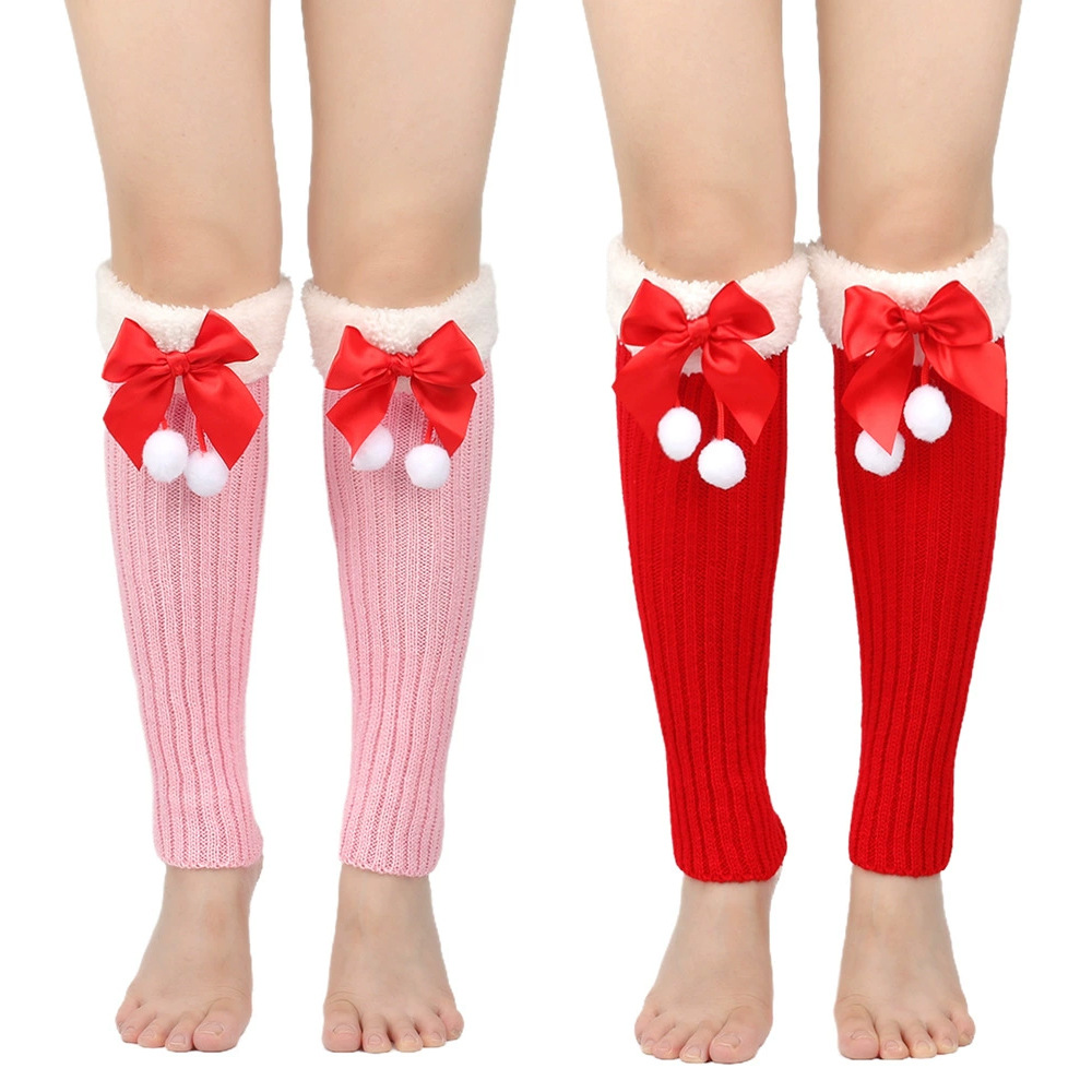 Filato con nodo a farfalla con calze di Natale di peluche per donna, calzini caldi in pile lavorato a maglia, protezioni per le gambe, calzini di lana per la bocca_voghion.com