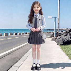 女童学院风马甲衬衫百褶裙三件套秋季2026新款早秋女大童秋装套装