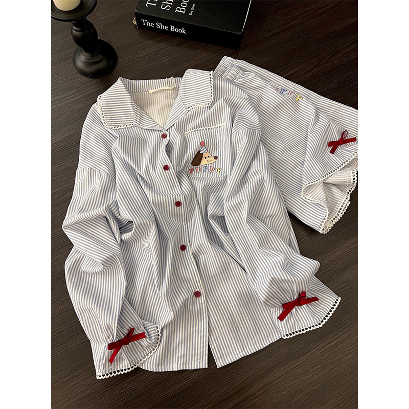 少女甜美卡通小狗印花睡衣女早秋新款条纹拼接长袖短裤家居服套装|undefined