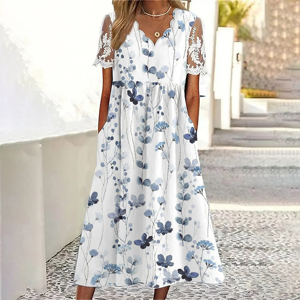 Summer New Shoulder Print Long Swing Dress