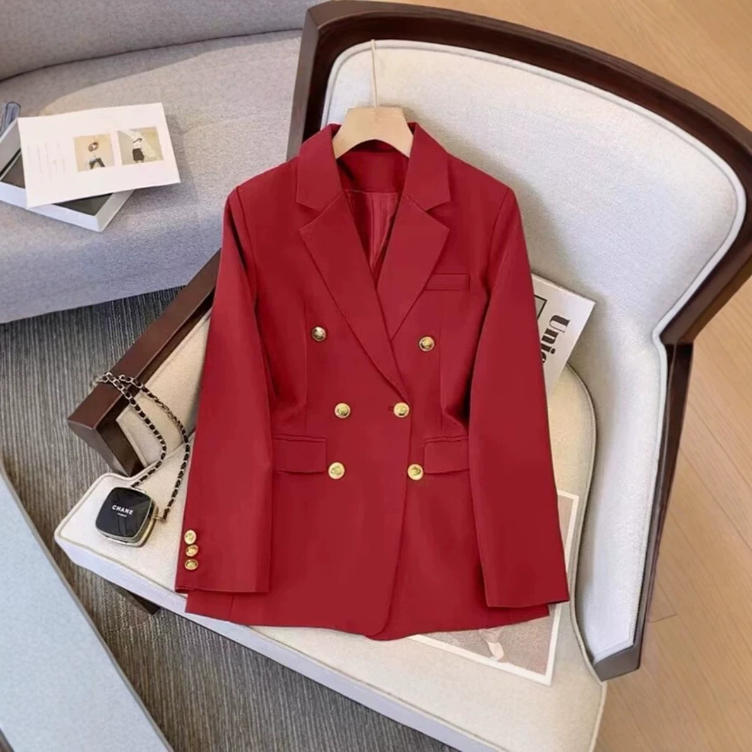 Red Double-Breasted Suit Set, Slimming Black Suit, Versatile Suit Set, Women's Professional Work Suit