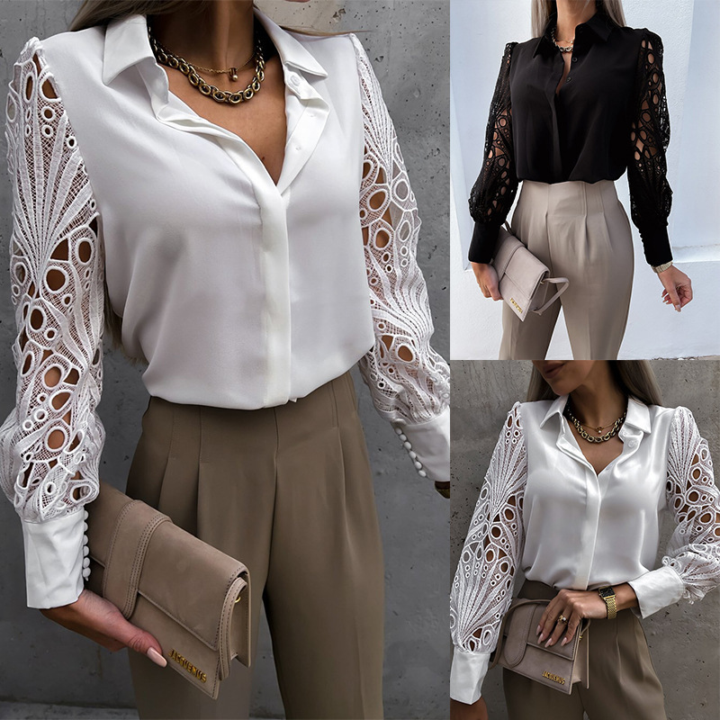2022 Amazon Europe and the United States cross-border spring and summer new best selling ladies solid color casual lace stitching shirt