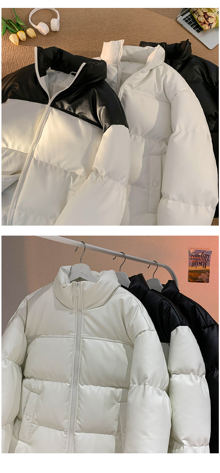 Padded Leather Jacket Unisex Bread Style Warm Hong Kong Design_voghion.com