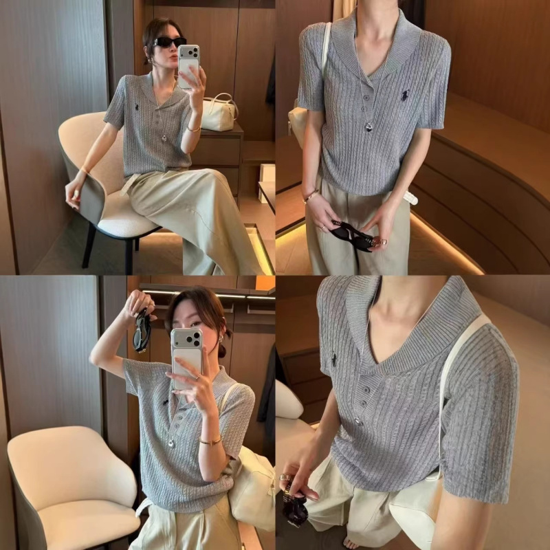 Ccc T8076 Embroidered Pony Lapel Knit Short-Sleeve Top, Length 56 - Only for Distributors, No Returns or Exchanges Ccc T8076 Embroidered Pony Lapel Knit Short-Sleeve Top, Length 56 - Only for Distributors, No Returns or Exchanges