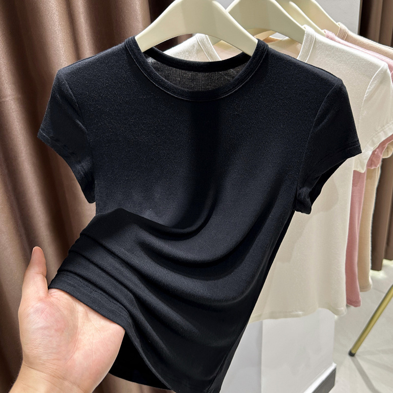 アプリコットラウンドネックニットトップレディース夏右肩半袖モーダルTシャツ薄手スリムインナーレイヤリングシャツ|undefined