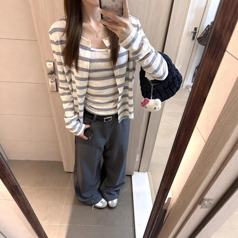 Korean Striped Knitted Cardigan Women's Short Style with Camisole Two-Piece Set Early Autumn Design Sweater Jacket Top