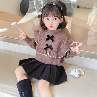 Primary and Middle School Students Western Style Casual Knitted Sweater Girls Autumn and Winter New Fashionable Sweet Princess Style Knitted Sweater