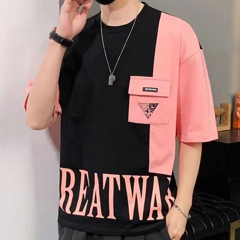 2026 New Summer Letter Print Short-Sleeve T-Shirt for Men Trendy Brand Ins Half-Sleeve Pocket Men's T-Shirt Wholesale