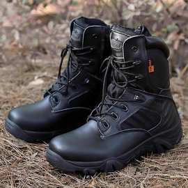 男款冬季全黑色沙漠作训战术皮靴作战军勾鞋高帮新式工装靴