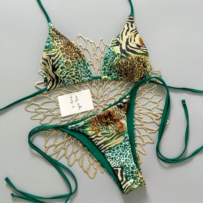 Women's Sexy Leopard Print Bikini Swimsuit Three Piece Tight Fit Halter Neck Two Piece Swimwear_ecoleips.com