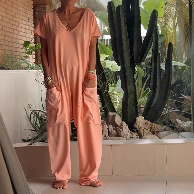 2025 European and American Women's Clothing Amazon Home Wear Pajamas Pants Casual Pure Color Flap Pocket Pants Short-Sleeved V Neck Jumpsuit