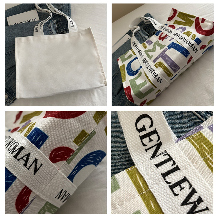 Large-capacity letter canvas bag 2025 new style ins printed versatile shoulder bag for commuting and portable ladies' tote bag undefined