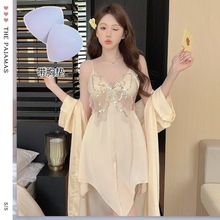 醉窖缎面丝带胸垫性感蝴蝶吊带睡裙两件套睡袍女士女夏季睡衣套装