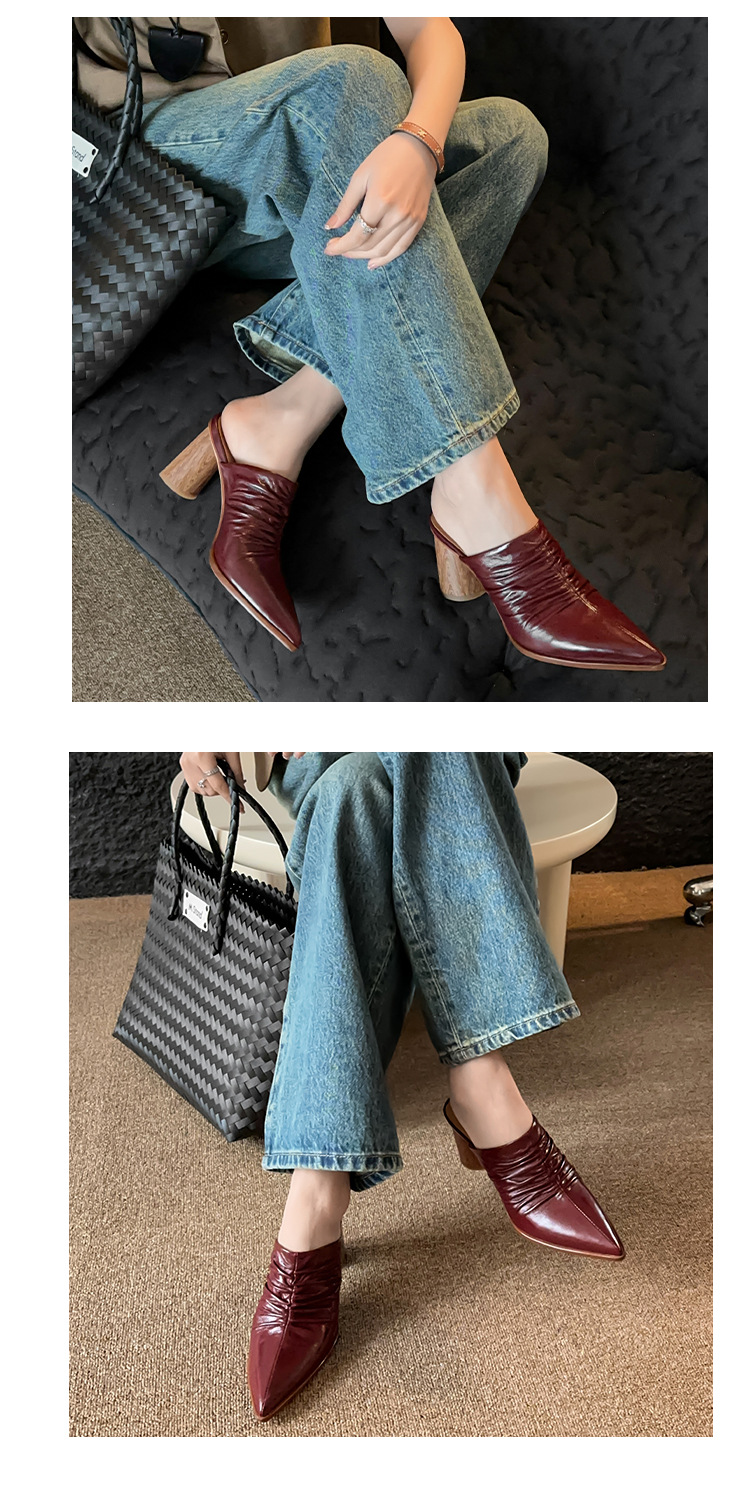 Dép mule nữ mũi nhọn gót thô da thật thiết kế cao gót — Màu be chi tiết 10