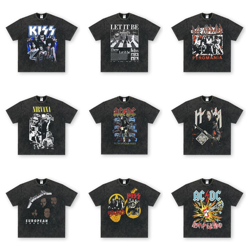 Cross-Border European Size Heavy Distressed Top T-Shirt Band Small American High Street Loose Washed Collar Short-Sleeved Retro Cross-Border European Size Heavy Distressed Top T-Shirt Band Small American High Street Loose Washed Collar Short-Sleeved Retro