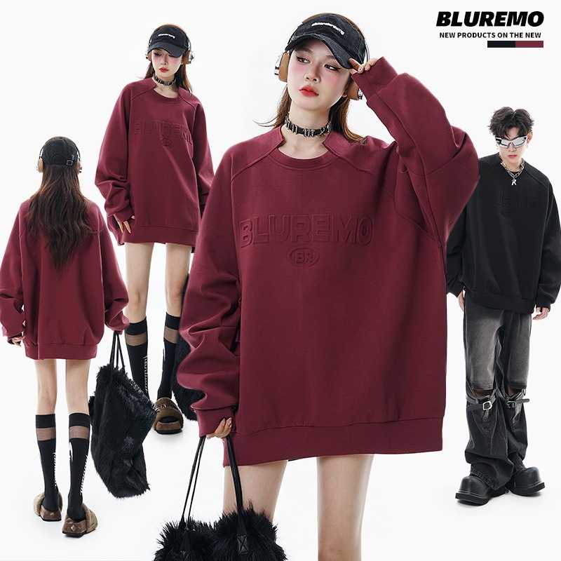 BLUREMO | Fuzzy mood street fashion Raglan three-dimensional letter embossed couple pullover loose original long sleeve sweater