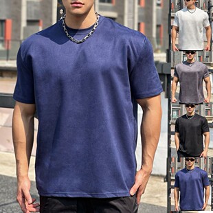 2024 spring and summer new men's casual sports short sleeve loose fashion suede top men's one-piece delivery
