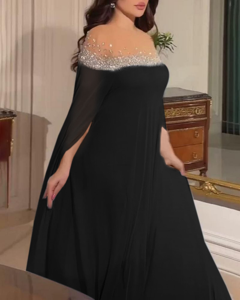 Elegant aftenkjole for damer med perler og stein i chiffon_voghion.com