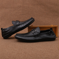 夏季男士懶人鞋休閒皮鞋 時尚簡約平跟樂福鞋 頭層牛皮軟底單鞋