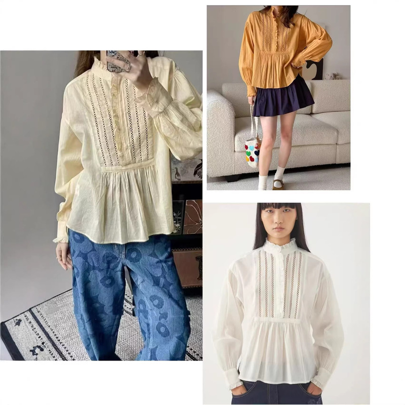 French-Style Niche 2026 Spring/Summer New Stand-Up Collar Sweet Lace Trim Pleated Ruffle Blouse Top