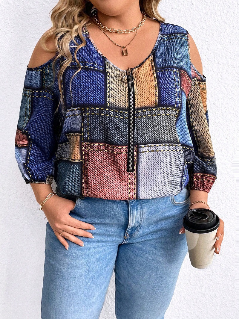 Europa y los Estados Unidos ropa de mujer de tamaño grande otoño y invierno moda nueva cremallera de manga larga decoración de hombro abierto impresión a cuadros suelta chaqueta diaria image 6