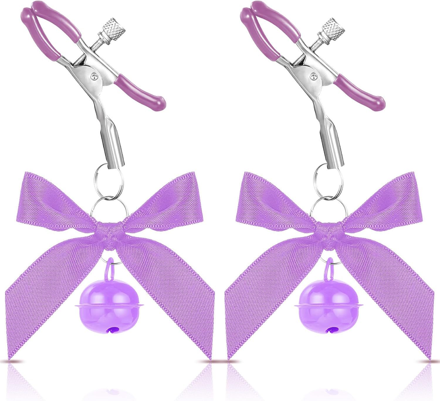 SM Nipple Clamps with Double Bells, Metal Breast Ornament Pair, Black Couple’s Intimate Play Accessory — detail image 8