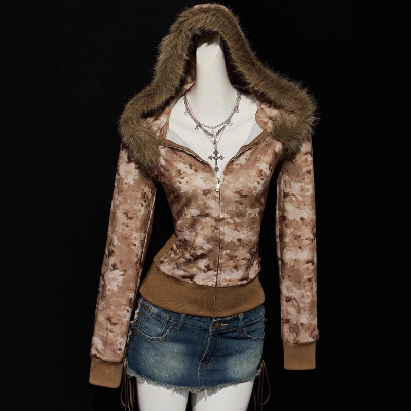 2026 Amazon Autumn and Winter Camouflage Personalized Trendy Slim Fit Y2K Fur Collar Women's Hoodie Zipper Sweatshirt