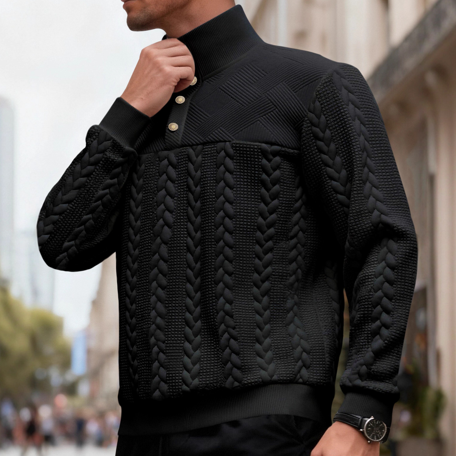 Pull-over à col montant boutonné, style rétro européen et américain, 26 pouces, en maille ample patchwork, long._voghion.com