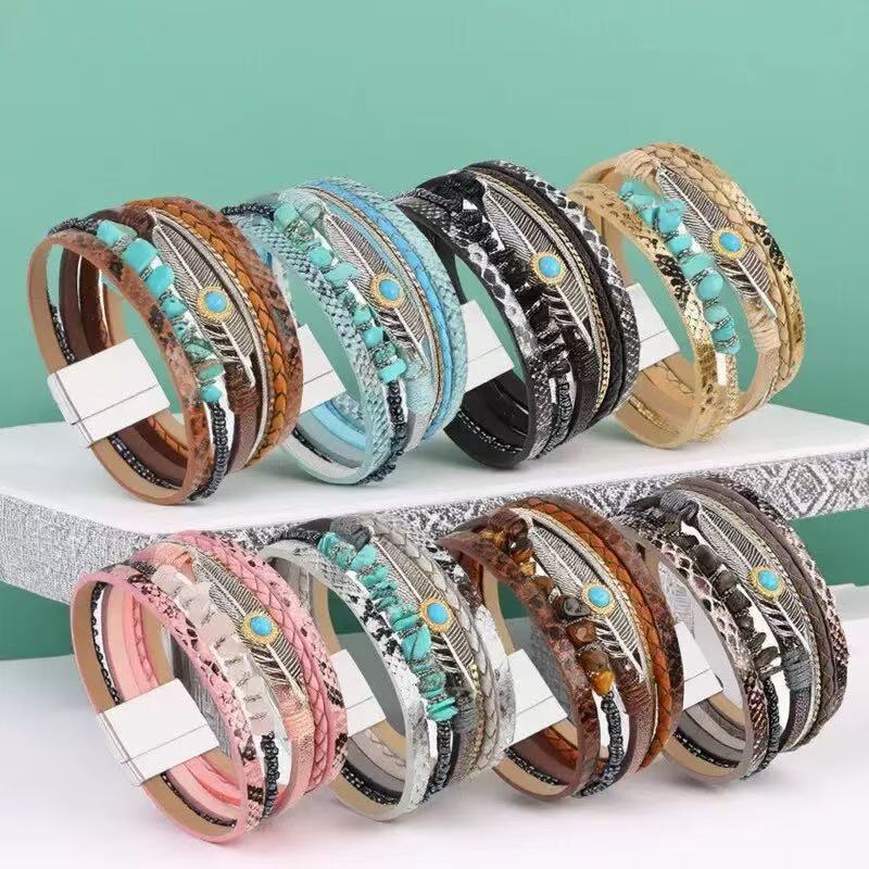 Cross-Border Bohemian Style Gravel Feather Leather Bracelet for Women Retro Turquoise Magnet Buckle Bracelet