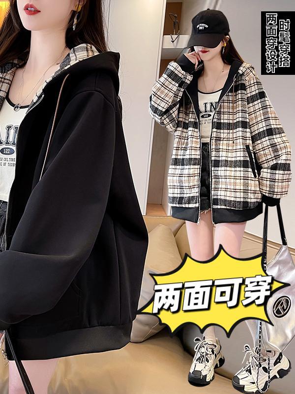 双面穿外套少女春秋装2025新款初中高中学生休闲格子宽松工装夹克