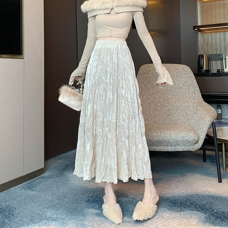 厚手の金のベルベットの半身のスカートの女性の秋冬の小さい背の中の長いタイプは腰を緩めてやせているしわのa字の百の傘のスカートを現します。|undefined