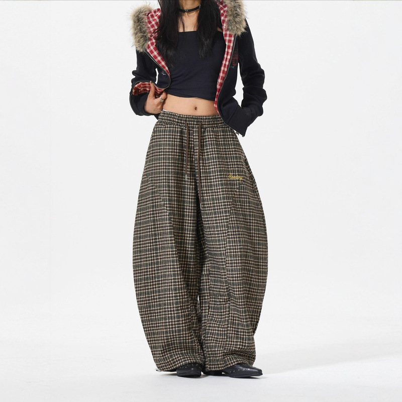 Prr American Retro Letter Embroidery Vintage Plaid Banana Sweatpants Scimitar Casual Pants Dimur Pants