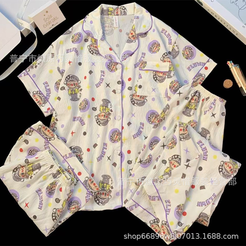Hermosos pijamas de tela de rabu mujeres primavera y otoño verano nubes de algodón dulce mangas cortas pantalones cortos de tres piezas ropa para el hogar