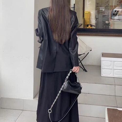Women's Black Leather Jacket Suit Coat 2026 Spring Season Korean Version Fashion New Loose Elegant High-End Little Suit