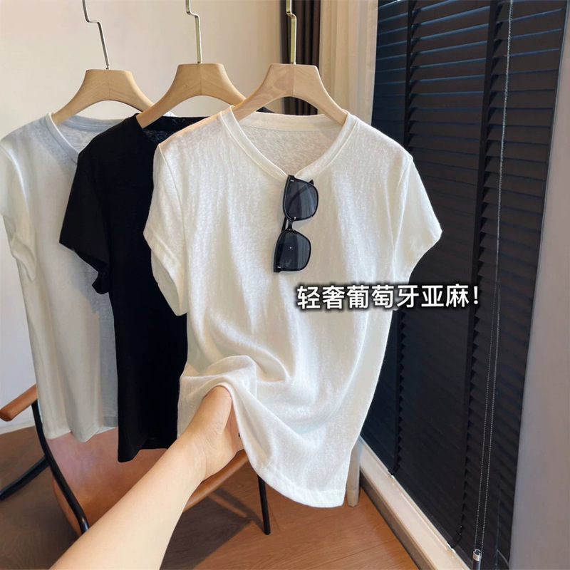 Portuguese Linen! High-End Textured Versatile Slimming Cool Solid Color Round Neck T-Shirt Short Sleeve Women's Summer 2026 Portuguese Linen! High-End Textured Versatile Slimming Cool Solid Color Round Neck T-Shirt Short Sleeve Women's Summer 2026