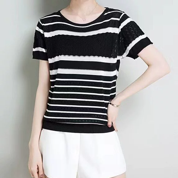 Женская летняя футболка в полоску, Новый Свободный Вязаный топ в Корейском стиле, ледяной шелк, классная женская футболка с короткими рукавами для женщин