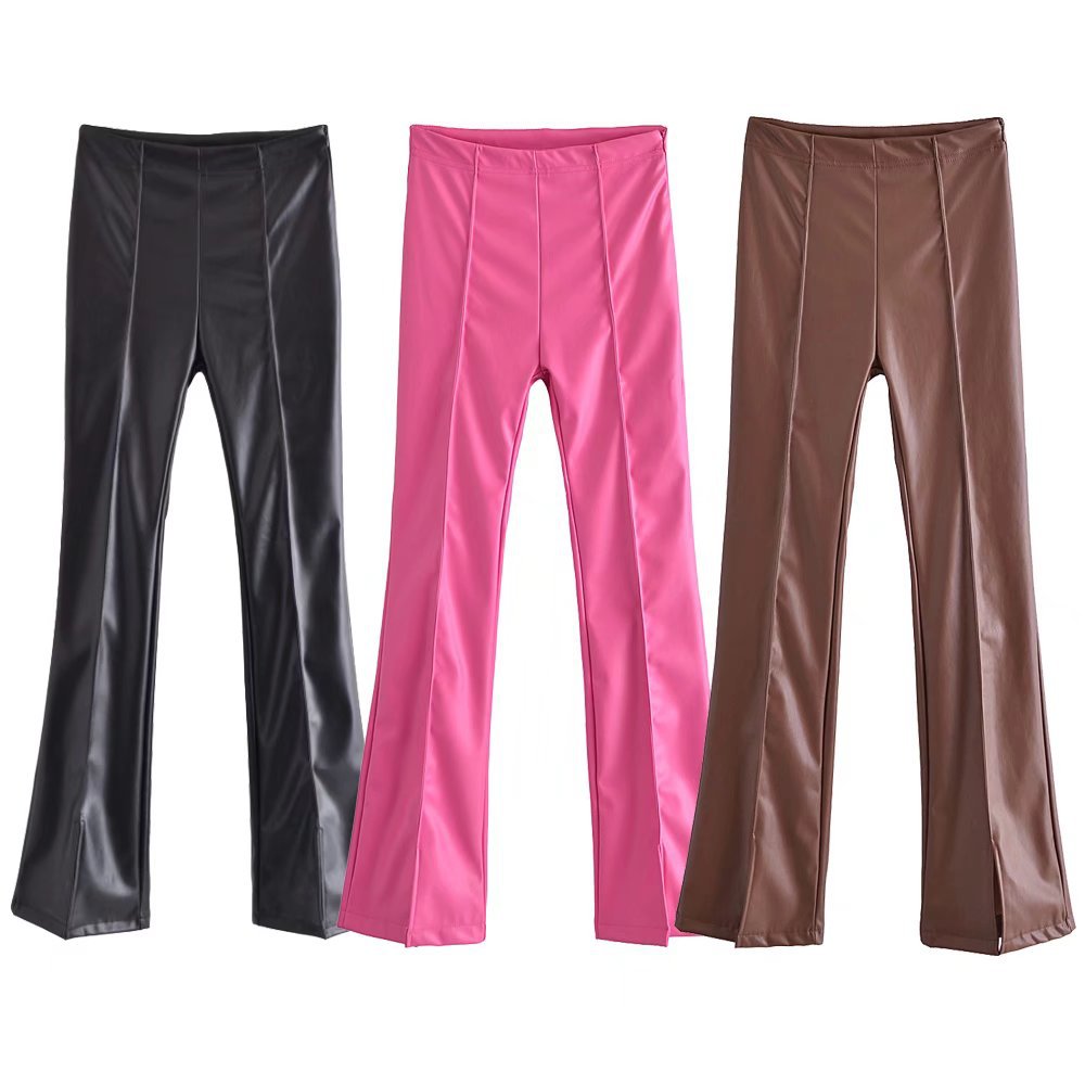 European And American Style 2022 Spring New Street Fashion PU Solid Color Women's High Waist Three-color Slim-fit Flared Leather Pants