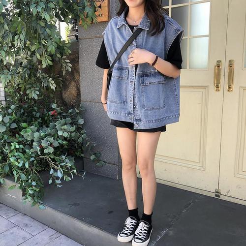Women's Short denim vest, Korean style, spring jacket, sleeveless, loose, trendy, backless