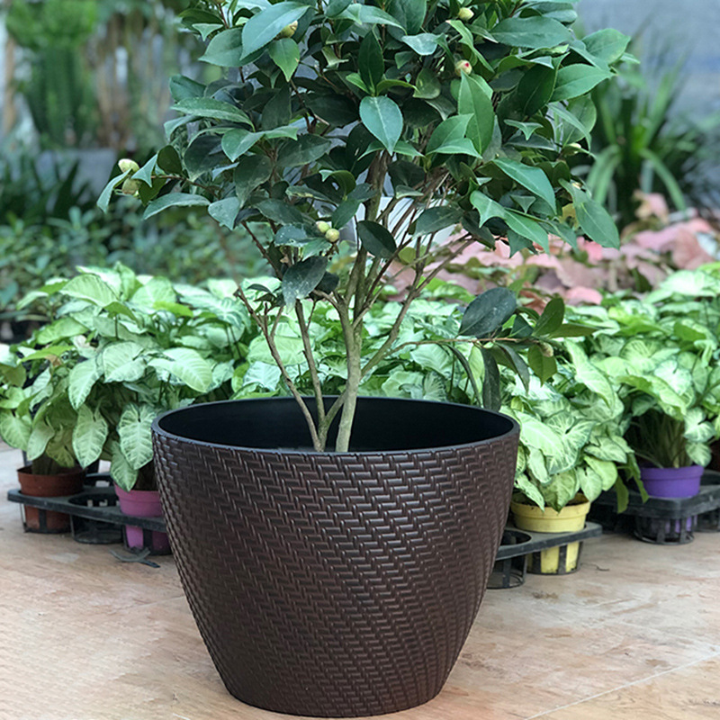 Maceta de plástico imitación ratán para uso doméstico, maceta grande de estilo tejido para monstera y árbol de dinero, maceta de plástico de pie.