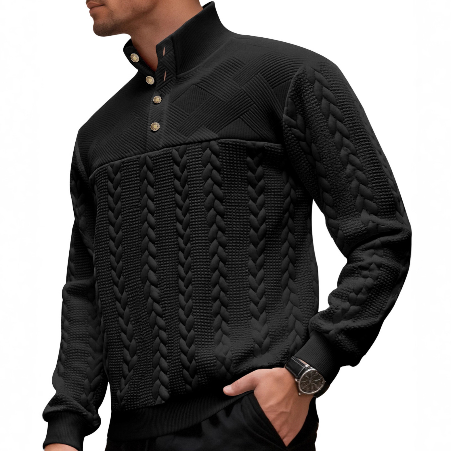 Pullover casual con colletto alla coreana e bottoni, stile transfrontaliero europeo e americano, tinta unita, lavorazione a maglia ampia e patchwork._voghion.com