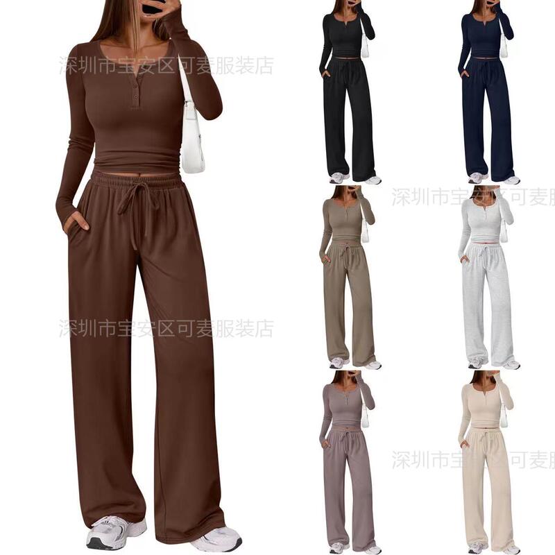 2025 Cross-Border European and American Amazon New Product Pure Color Casual Long-Sleeved Wide-Leg Pants Suit Comfortable Sports Two-Piece Set for Women