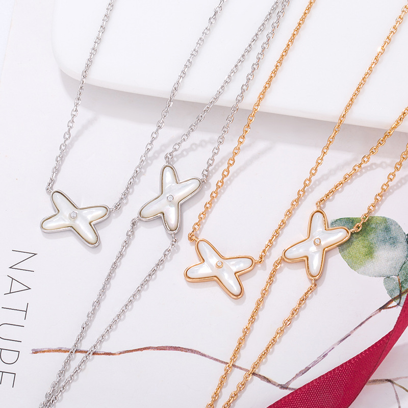 V Gold Shangmei Rose Gold White Fritillaria Happy Cross Necklace Women High Quality X Clavicle Chain Women's All-match Pendant