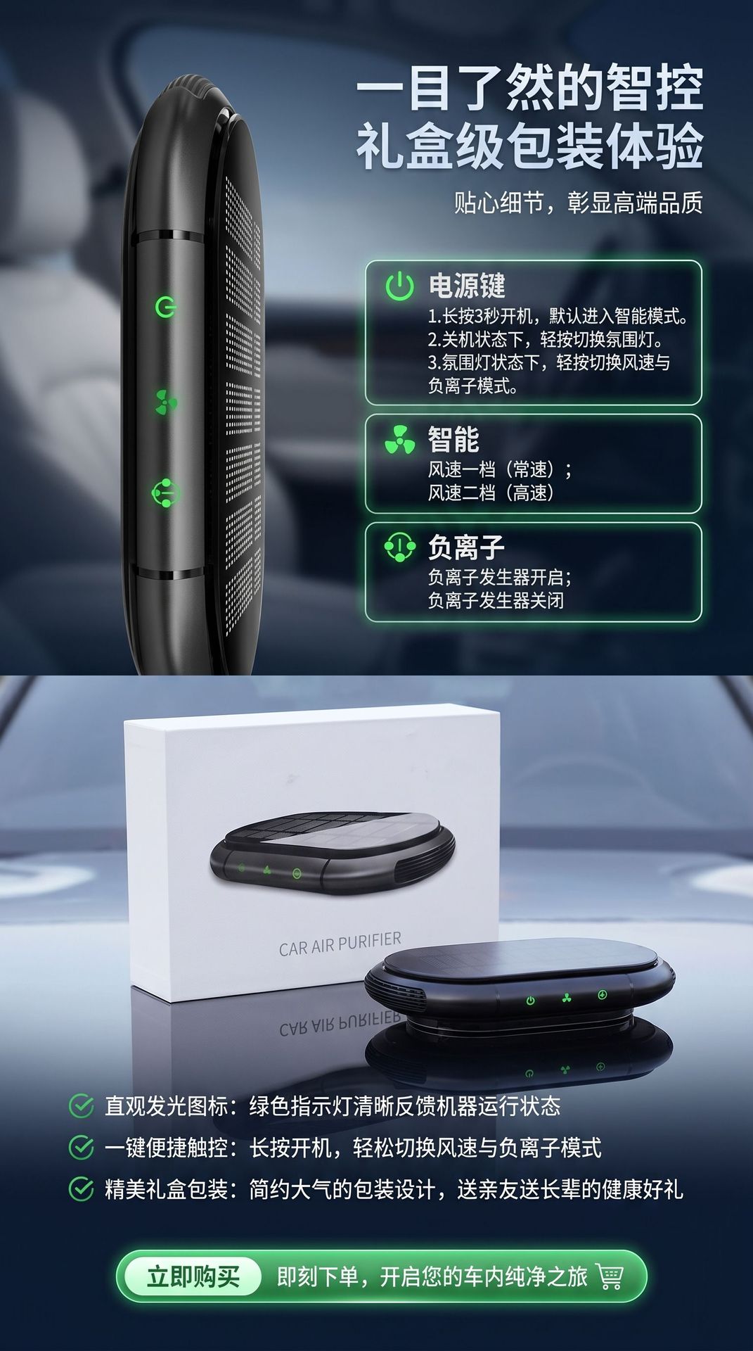 Car Air Purifier with Solar Power, Dual Fan, Smart Start-Stop, Negative Ion, Formaldehyde Removal, Odor Removal, with Fragrance, Wholesale
