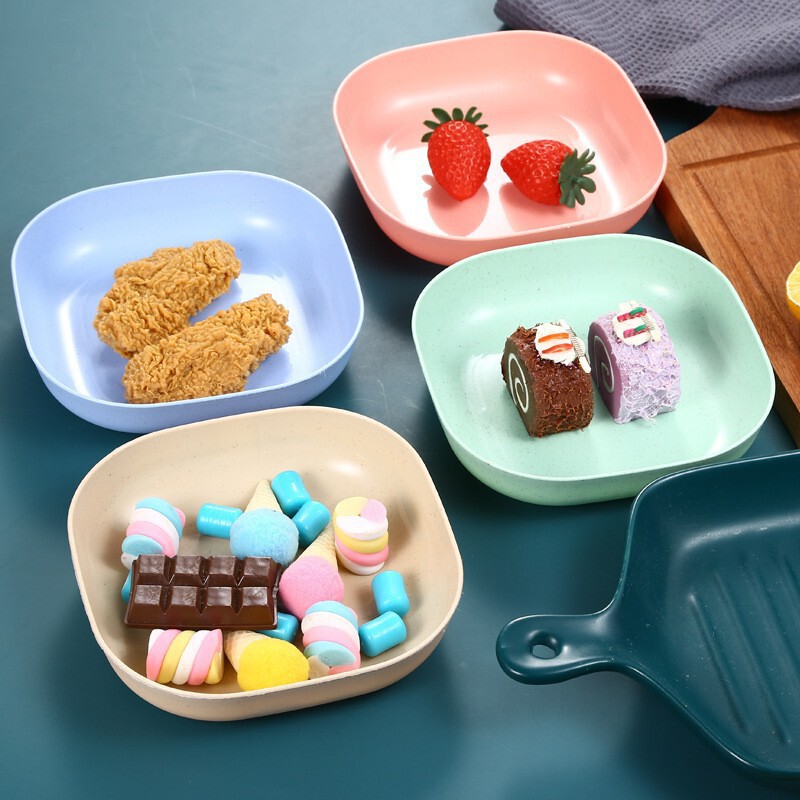 Household wheat straw bone spitting dish with base fruit dining table dish garbage square deepened plastic plate wholesale tableware