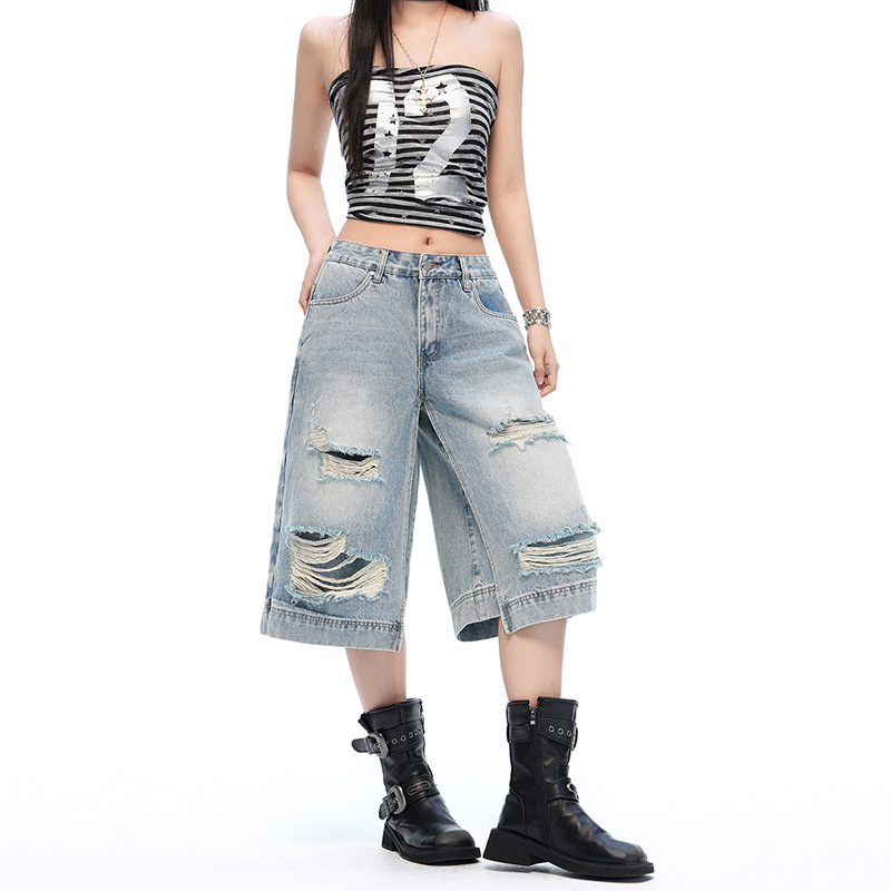 New Style Fake Two-Piece Ripped Patchwork Low-Waist Denim Shorts for Women, Summer Loose Straight Wide-Leg Pants for Petite Figures New Style Fake Two-Piece Ripped Patchwork Low-Waist Denim Shorts for Women, Summer Loose Straight Wide-Leg Pants for Petite Figures