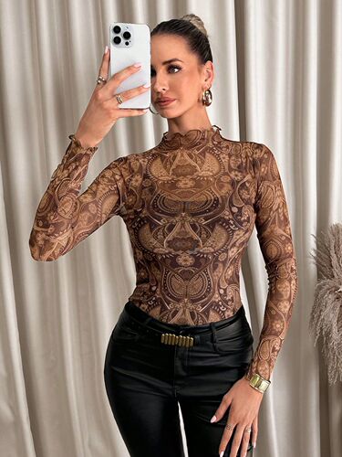 European and American-style sexy leopard-print mesh t-shirt with ruffled edges, tight-fitting top for women