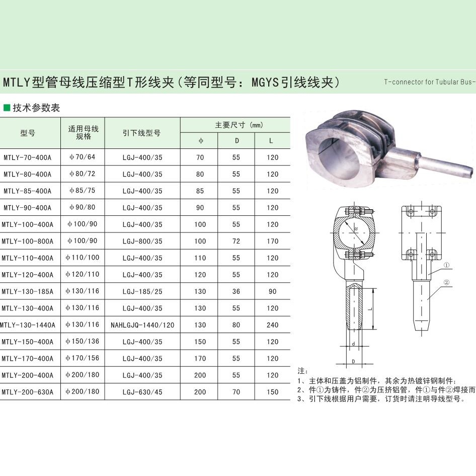 管母线T形线夹MTLY管母线压缩T形线夹MTLY-90-400A翠绿色浙江