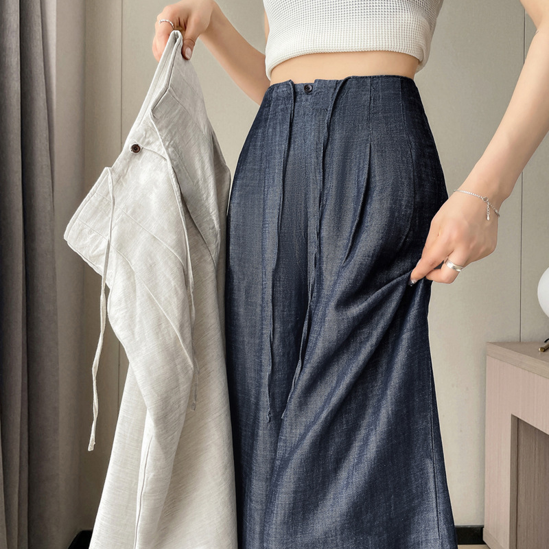 ラシャペル ネイビーブルー アイスシルク リネン ワイドレッグ パンツ レディース 夏 薄手 リラックス コットン リネン ストレート カジュアル フロアレングス パンツ|undefined